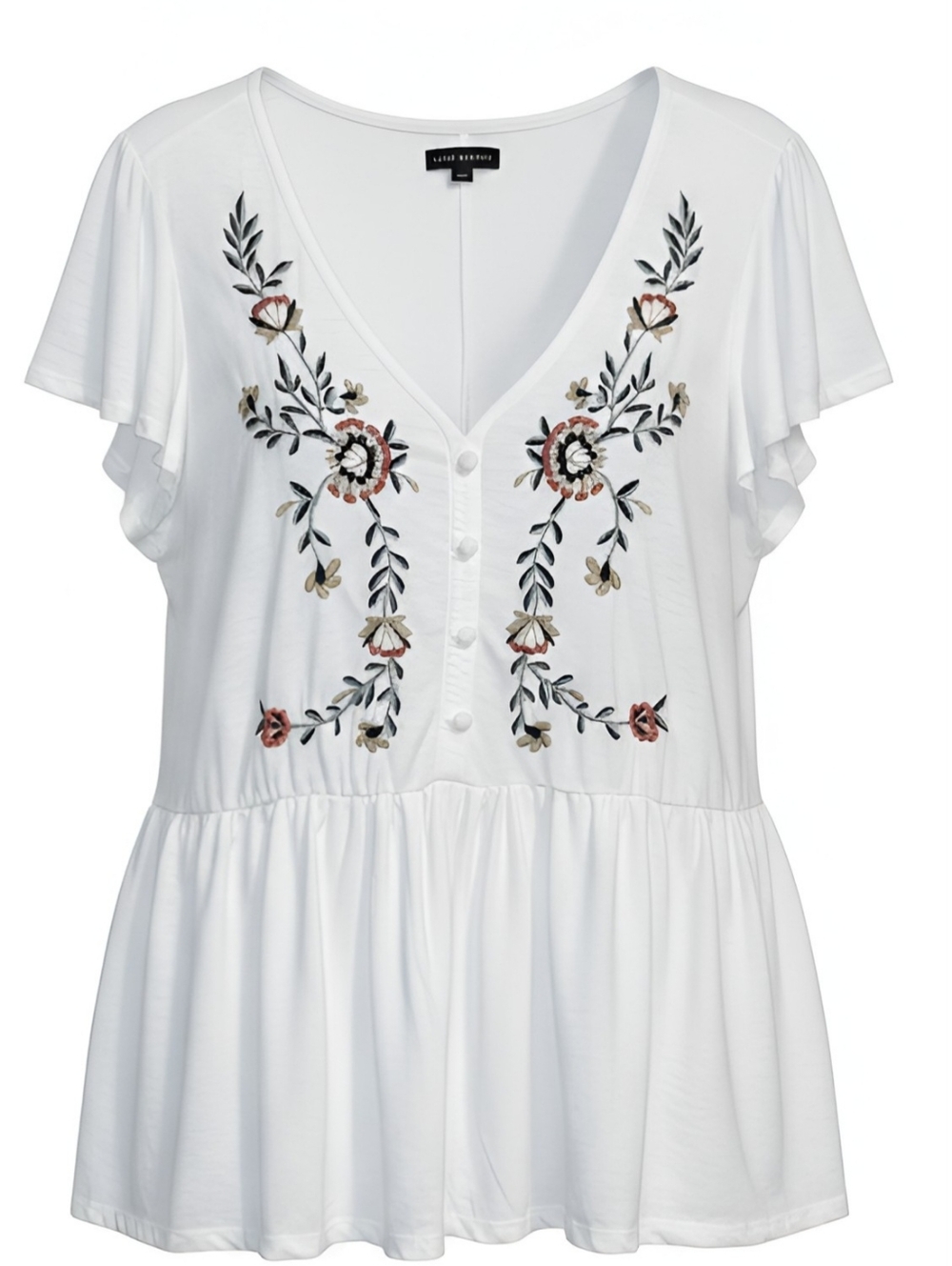 Lane Bryant White Embroidered V-Neck Peplum Blouse